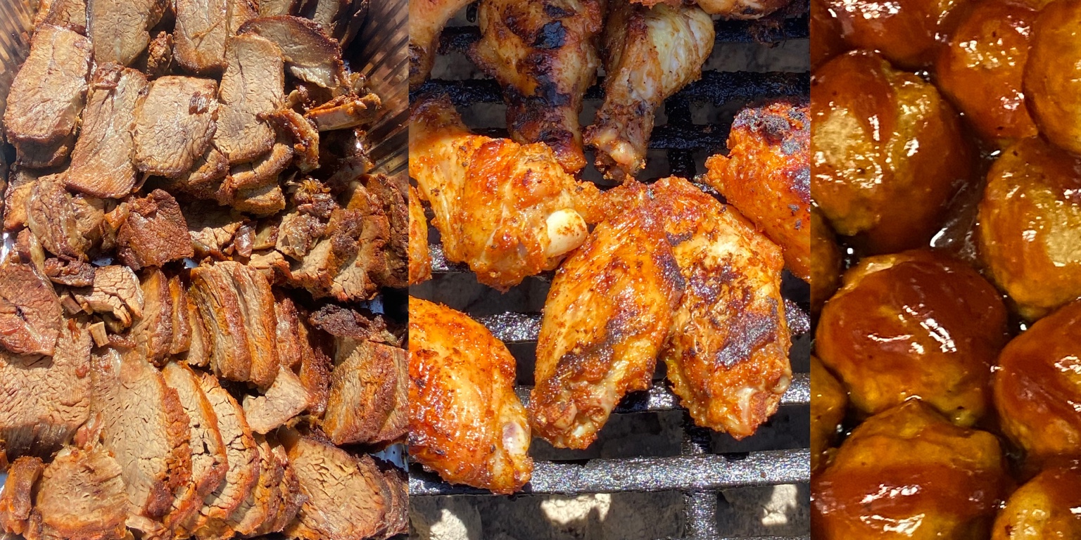 Barbecue brisket, grilled chicken, and glazed meatballs from O'Side BBQ Man