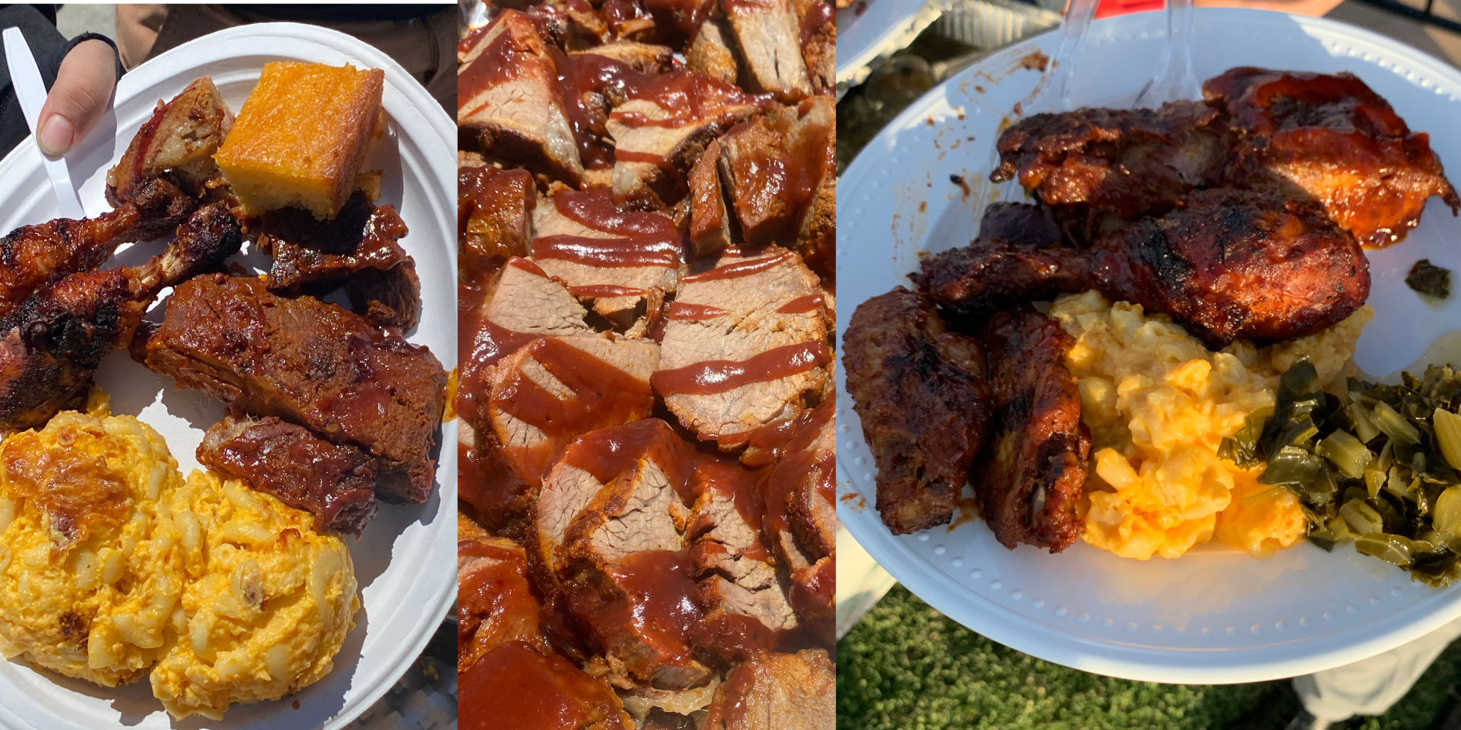 Three O'SIDE BBQ MAN barbecue plates and sliced smoked meat