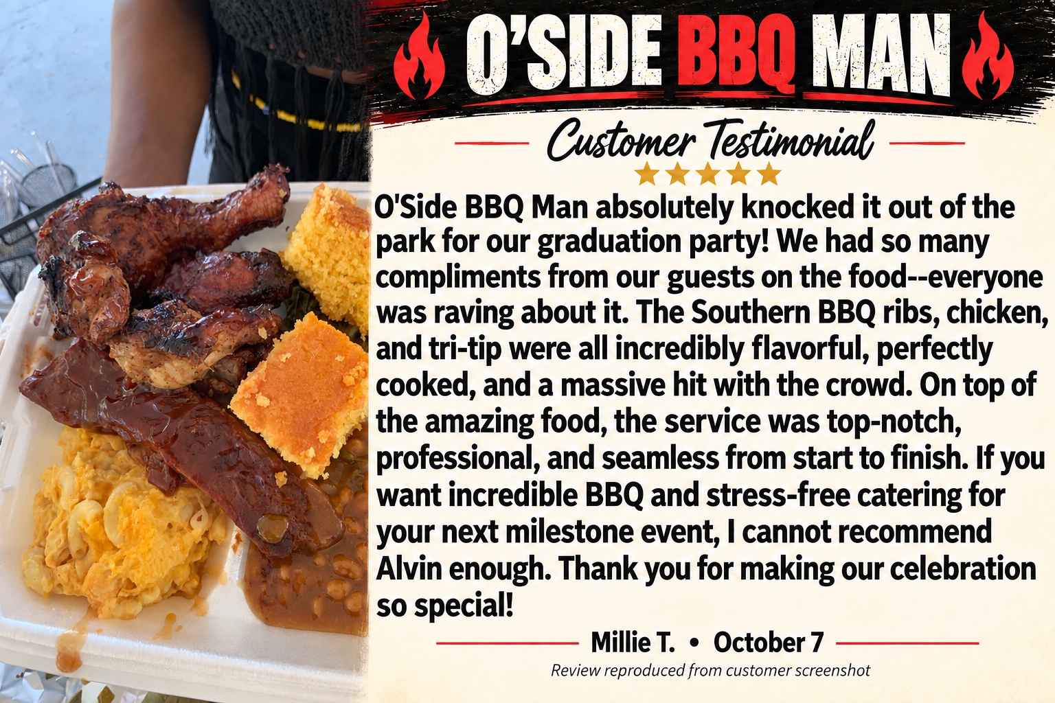 Millie T.’s five-star O’SIDE BBQ MAN graduation party review, October 7, with a barbecue food photo