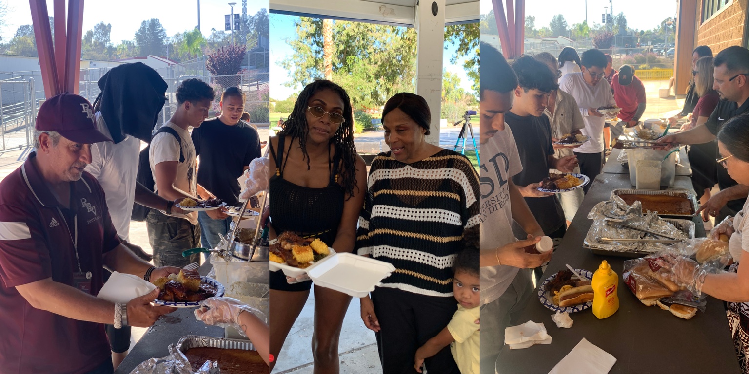 O’SIDE BBQ MAN catering collage showing guests enjoying barbecue and serving themselves at the buffet