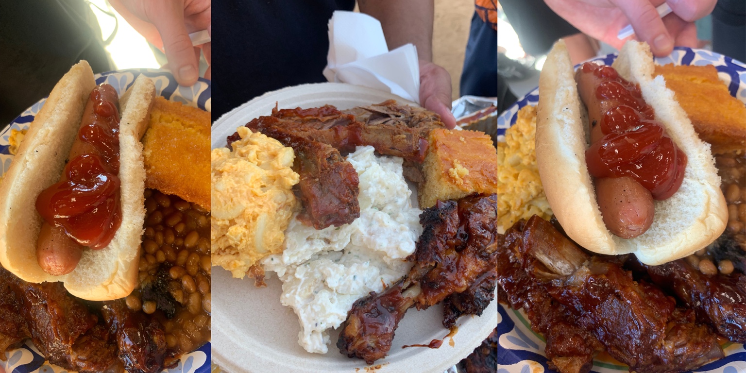 O’SIDE BBQ MAN fresh barbecue plates with ribs, chicken, hot dogs, macaroni and cheese, potato salad, baked beans and cornbread